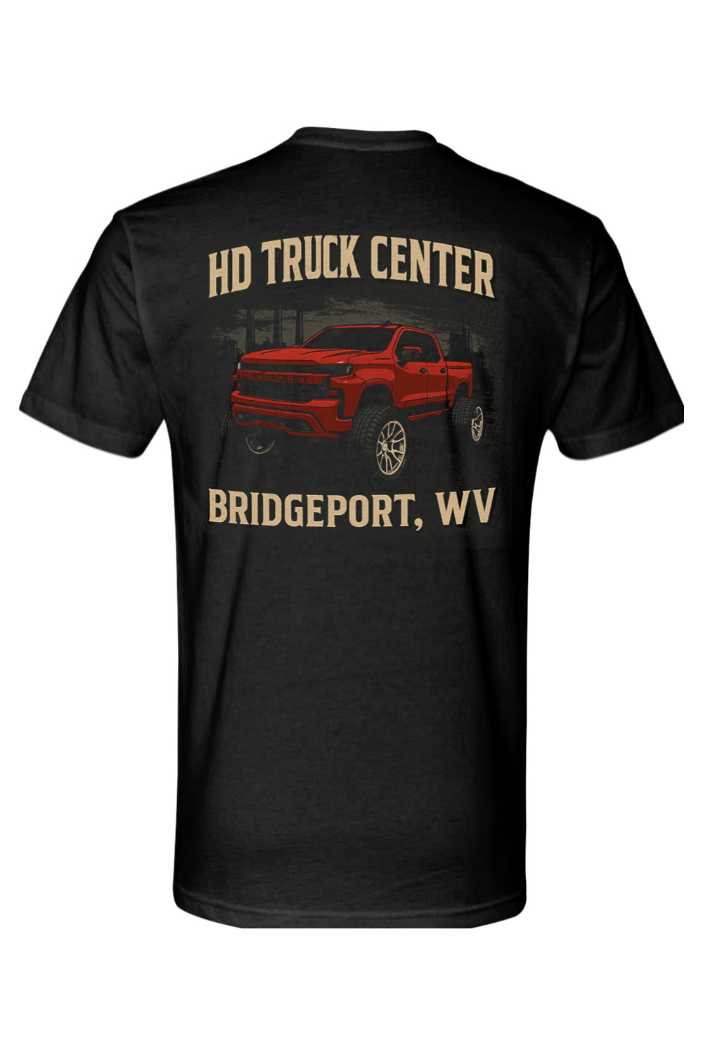 Black t-shirt with red truck graphic and text on a white background