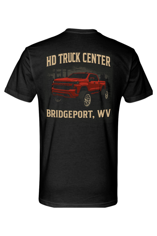 Black t-shirt with red truck graphic and text on a white background
